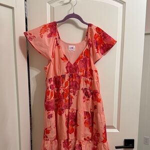 Buddy Love Pink Floral Tiered Midi Dress | Flutter Sleeve | XS | Like New
